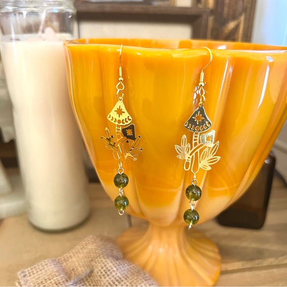 New! Whimsical Mushroom And Green Beads Boho Earrings 🍄 - Picture 2 of 5